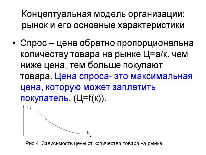 Концептуальная модель организации: рынок и его основные характеристики Спрос – цена обратно пропорциональна количеству